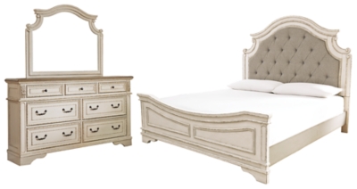 Realyn Queen Upholstered Panel Bed with Mirrored Dresser, Chipped White, large