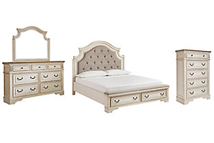 Realyn Queen Upholstered Bed with Mirrored Dresser and Chest, Two-tone, large