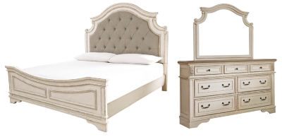 Realyn California King Upholstered Panel Bed with Mirrored Dresser, Chipped White