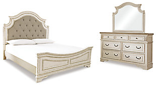 Realyn King Upholstered Panel Bed with Mirrored Dresser, Chipped White, large