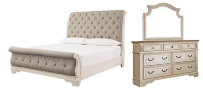 Realyn Queen Sleigh Bed with Mirrored Dresser, Chipped White