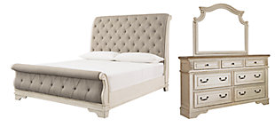 Realyn Queen Sleigh Bed with Mirrored Dresser, Chipped White, large