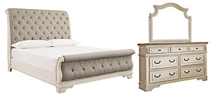 Realyn California King Sleigh Bed with Mirrored Dresser, Chipped White, large