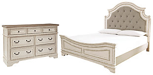 Realyn Queen Upholstered Panel Bed with Dresser, Chipped White, large