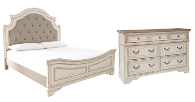 Realyn California King Upholstered Panel Bed with Dresser, Chipped White