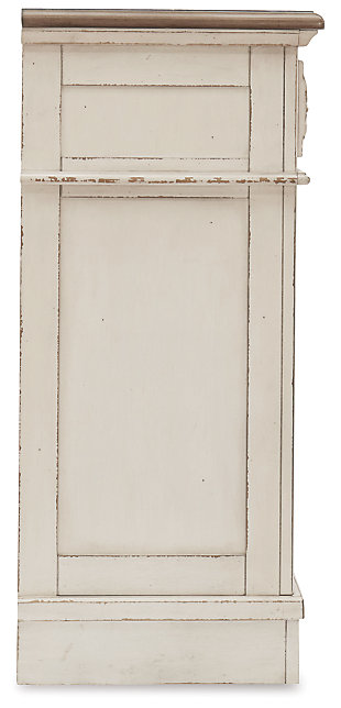 Elevating the art of traditional cottage styling, the Realyn dresser is your dream bedroom retreat realized. Antiqued two-tone aesthetic blends a chipped white with a distressed wood finished top for added charm. Framed drawer fronts and decorative corbels add refinement, while bail pulls in a dark bronze-tone finish lend a classic touch.Dresser only | Made of wood, engineered wood and veneers, with cast resin components | Antiqued two-tone finish | Dark bronze-tone finished metal hardware | 7 smooth-gliding drawers with dovetail construction | Includes tipover restraint device | Estimated Assembly Time: 15 Minutes