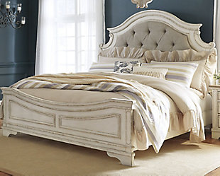 Elevating the art of traditional cottage styling, the Realyn queen upholstered bed is your dream bedroom retreat realized. A curvaceous beauty, this brilliant upholstered bed wows with dramatic scalloped details and fanciful trim work and charms with a distressed chipped white finish for heirloom appeal. Deep tufting on the cushioned upholstered headboard adds such a cozy element sure to put you at ease. Mattress and foundation/box spring available, sold separately.Made of veneers, wood and engineered wood, with cast resin components | Includes upholstered headboard, footboard and rails | Distressed, chipped white finish | Polyester upholstered headboard with foam cushion and button tufting | Assembly required | Foundation/box spring required, sold separately | Mattress available, sold separately | Estimated Assembly Time: 70 Minutes