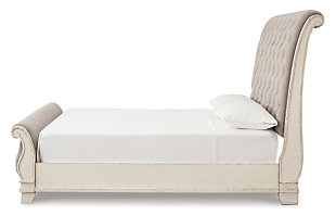 Elevating the art of traditional cottage styling, the Realyn queen upholstered sleigh bed is your dream bedroom retreat realized. A curvaceous beauty, this brilliant upholstered bed wows with a chipped white finish for heirloom appeal. Deep tufting on the cushioned upholstered headboard and footboard adds such a cozy element sure to put you at ease. Mattress and foundation/box spring available, sold separately.Made of wood and engineered wood | Includes headboard, footboard and rails | Distressed, chipped white finish | Polyester upholstery with foam cushioned and button tufting | Assembly required | Foundation/box spring required, sold separately | Mattress available, sold separately | Estimated Assembly Time: 70 Minutes