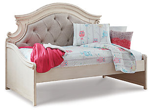 Elevating the art of traditional cottage styling, the Realyn day bed with storage is your dream bedroom retreat realized. A curvaceous beauty, this brilliant upholstered bed wows with dramatic scalloped details and fanciful trim work and charms with a distressed chipped white finish for heirloom appeal. Deep tufting on the cushioned upholstered bedstead adds such a cozy element sure to put you at ease. Mattress available, sold separately.Made of veneers, wood and engineered wood, with cast resin components | Includes day bed and under bed storage unit | Distressed, chipped white finish | Polyester upholstery with foam cushion and button tufting | Day bed uses mattress only, no box spring required | Assembly required | Mattress available, sold separately | Estimated Assembly Time: 50 Minutes