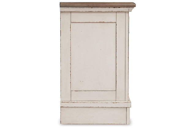 Elevating the art of traditional cottage styling, the Realyn nightstand is your dream bedroom retreat realized. Antiqued two-tone aesthetic blends a chipped white with a distressed wood finished top for added charm. Framed drawer fronts and decorative corbels add refinement, while bail pulls in a dark bronze-tone finish lend a classic touch. Subtly placed USB/electrical outlets meld vintage inspiration with modern convenience.Made of veneers, wood and engineered wood | Antiqued two-tone finish | 3 smooth-gliding drawers with dovetail construction | Dark bronze-tone finished metal hardware | 2 electrical outlets and USB charging ports | Power cord included; UL Listed | Small Space Solution | Estimated Assembly Time: 15 Minutes