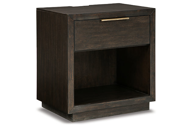 If you find that sleek and simple does the trick, we think you’ll agree: the Bruxworth nightstand has the look perfected. Always on trend espresso-tone finish and clean lines ensure an aesthetic that never goes out of style. A single drawer and an open display shelf lighten the design, while a night light inside the cubby discretely lights your way in a dark room. Picture frame moulding and a goldtone pull are on the cutting edge of cool.Made of wood, mango veneer and engineered wood | Dark espresso brown finish | Metal pull with goldtone finish | 1 smooth-gliding drawer with dovetail construction and felt bottom; open cubby with integrated night light | 2 electrical outlets and 2 USB charging ports | Power cord included; UL Listed | Assembly required