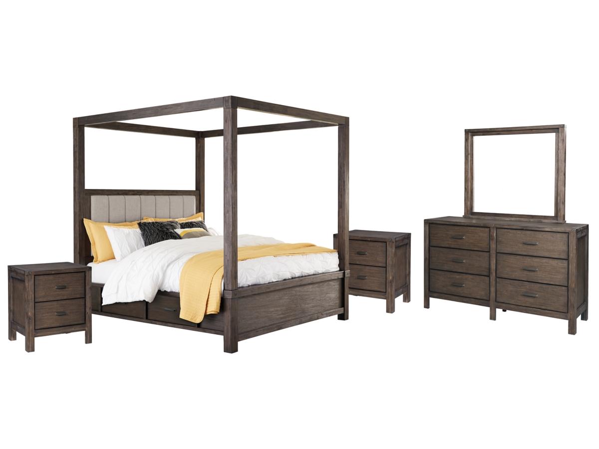 Dellbeck King Canopy Bed with 4 Storage Drawers with Mirrored Dresser and 2 Nightstands