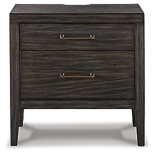 Few pieces demand attention like the Bellvern nightstand. Those drawn to the earthy character of the wire-brushed texture—with a complex, multi-layered finish—can appreciate the beauty and craftsmanship of this bedroom essential. In addition to its acacia wood and oak veneer construction, clean contemporary lines and simple symmetry have a minimalist appeal that fits perfectly in an upscale transitional setting.Made of acacia wood, oak veneer and engineered wood | Blackened effect finish with contrasting gray undertones and wire-brushed texture | Antiqued bronze-tone hardware | 2 smooth-gliding drawers with dovetail construction | Top drawer felt-lined | 2 electrical outlets and 2 USB charging stations | Power cord included; UL Listed | Assembly required | Estimated Assembly Time: 15 Minutes