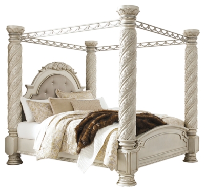 Cassimore north shore pearl silver upholstered poster canopy store bedroom set