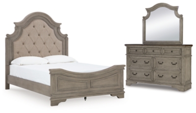 Lodenbay Queen Panel Bed with Mirrored Dresser, Antique Gray