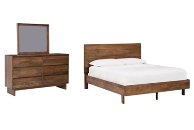 Isanti Queen Panel Bed with Mirrored Dresser, Light Brown, large