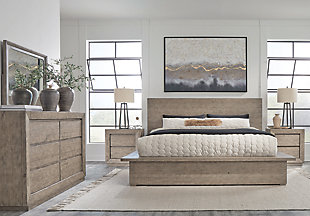 Langford Queen Panel Bed with Mirrored Dresser and Chest, Light Grayish Brown, rollover
