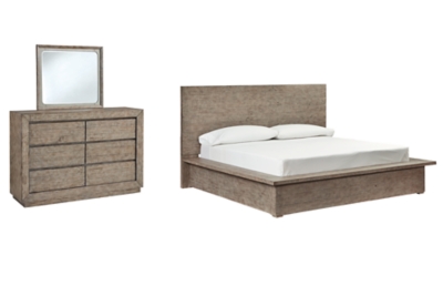 Langford California King Panel Bed with Mirrored Dresser, Light Grayish Brown, large