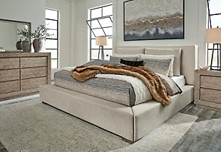 Balancing chic flair with a relaxed sensibility, the Langford upholstered bed strikes just the right tone for sleek sophistication. A merger of beautifully clean lines with cushioned comfort, the headboard is layered with two plush pillows for an indulgent lay-back experience that captures the look and feel of contemporary design, while the extra-wide rails reinvent bedside seating.  Includes upholstered panel bed (headboard, footboard and rails) | Neutral polyester upholstery | 2 loose bolster pillows with soft polyfill | Bed does not require additional foundation/box spring | Mattress available, sold separately | Assembly required | Estimated Assembly Time: 50 Minutes
