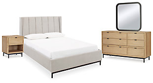 Freslowe Queen Upholstered Bed with Mirrored Dresser and Nightstand, White, large