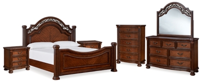 Lavinton Queen Poster Bed with Mirrored Dresser, Chest and 2 Nightstands, Brown