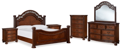 Lavinton Queen Poster Bed with Mirrored Dresser, Chest and 2 Nightstands, Brown, large