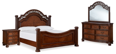 Lavinton Queen Poster Bed with Mirrored Dresser and Nightstand, Brown, large