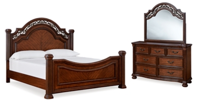 Lavinton Queen Poster Bed with Mirrored Dresser, Brown