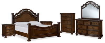 Lavinton King Poster Bed with Mirrored Dresser, Chest and 2 Nightstands, Brown, large