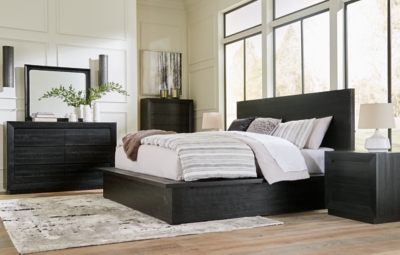 Londer California King Panel Bed with Mirrored Dresser, Chest and 2 Nightstands, Black, rollover