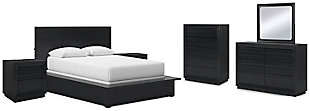 Londer Queen Panel Bed with Mirrored Dresser, Chest and 2 Nightstands, Black, large