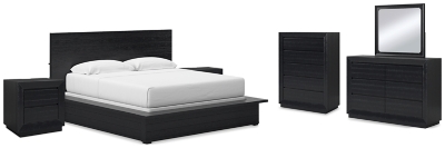Londer King Panel Bed with Mirrored Dresser, Chest and 2 Nightstands, Black, large