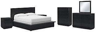 Londer California King Panel Bed with Mirrored Dresser, Chest and 2 Nightstands, Black, large
