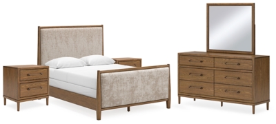 Roanhowe Queen Upholstered Bed with Mirrored Dresser and Nightstand, Brown, large