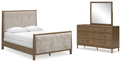 Roanhowe Queen Upholstered Bed with Mirrored Dresser, Brown, large