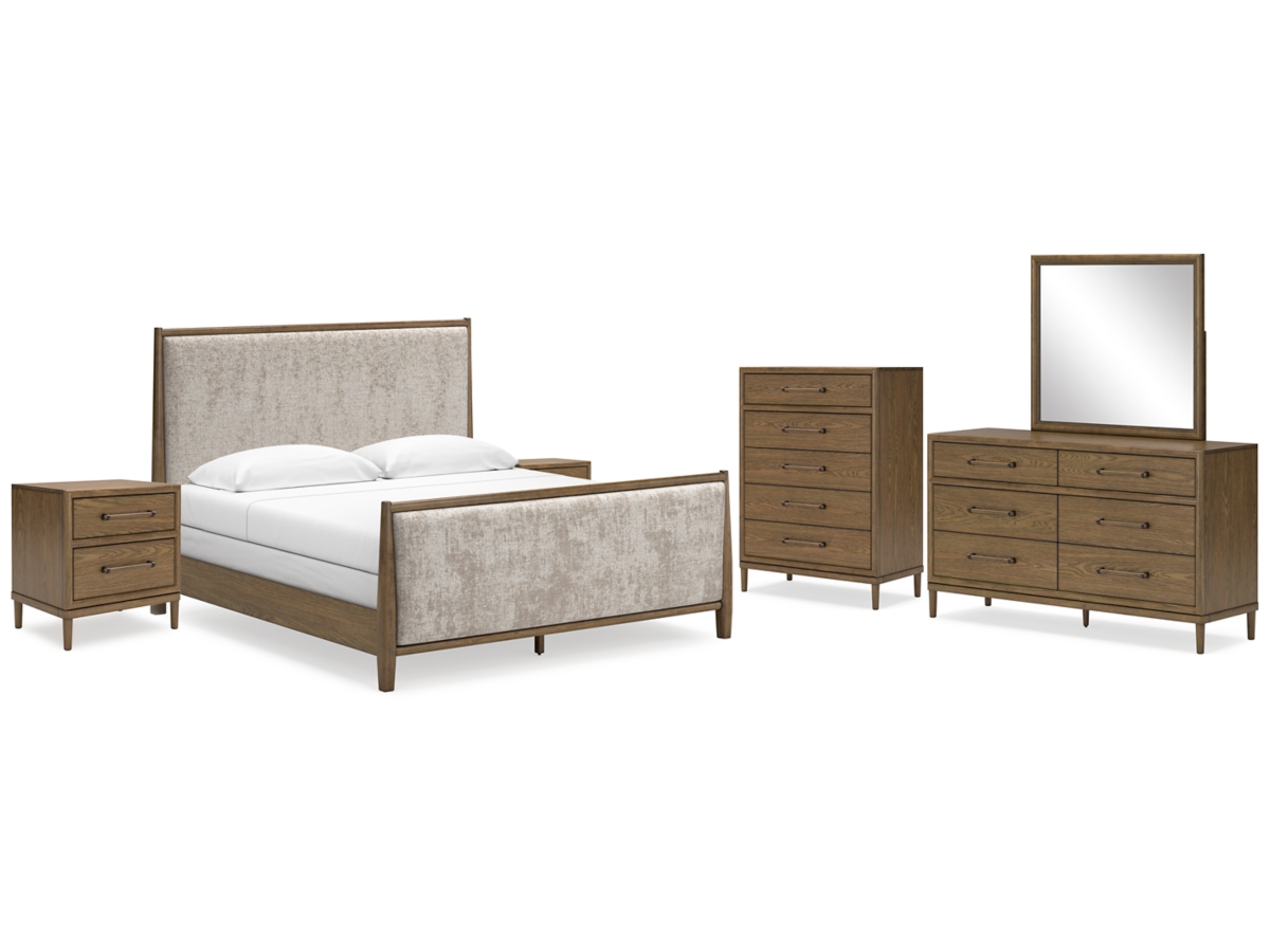 Roanhowe King Upholstered Bed with Mirrored Dresser, Chest