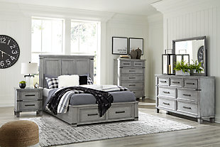 Russelyn Queen Storage Bed with Mirrored Dresser, Chest and 2 Nightstands, Gray, rollover