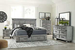 Russelyn King Storage Bed with Mirrored Dresser, Chest and 2 Nightstands, Gray, rollover