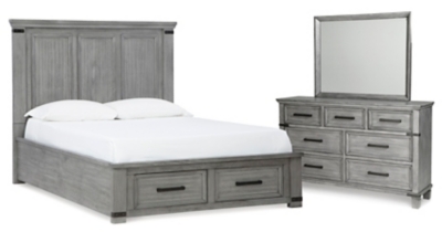 Russelyn Queen Storage Bed with Mirrored Dresser, Gray