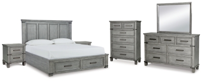 Russelyn California King Storage Bed with Mirrored Dresser, Chest and 2 Nightstands, Gray