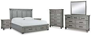 Russelyn California King Storage Bed with Mirrored Dresser, Chest and 2 Nightstands, Gray, large