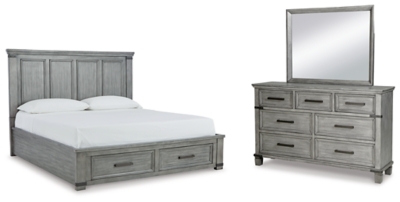 Russelyn King Storage Bed with Mirrored Dresser, Gray