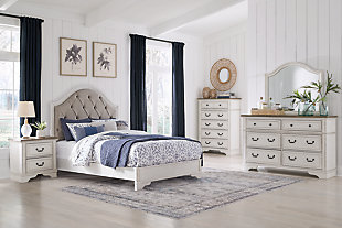 Brollyn Queen Upholstered Panel Bed with Mirrored Dresser, Chest and 2 Nightstands, Two-tone, rollover