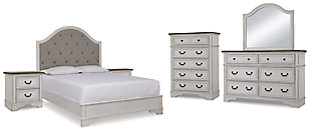 Brollyn Queen Upholstered Panel Bed with Mirrored Dresser, Chest and 2 Nightstands, Two-tone, large