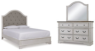 Brollyn Queen Upholstered Panel Bed with Mirrored Dresser, Two-tone, large