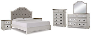 Brollyn California King Upholstered Panel Bed with Mirrored Dresser, Chest and 2 Nightstands, Two-tone, large