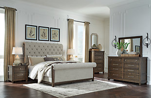 Hillcott King Upholstered Bed with Mirrored Dresser, Chest and 2 Nightstands, Dark Brown, rollover