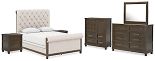 Hillcott Queen Upholstered Bed with Mirrored Dresser, Chest and 2 Nightstands, Dark Brown, large