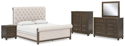 Hillcott California King Upholstered Bed with Mirrored Dresser, Chest and Nightstand, Dark Brown, large