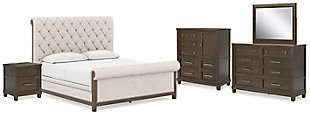 Hillcott California King Upholstered Bed with Mirrored Dresser, Chest and Nightstand, Dark Brown, large